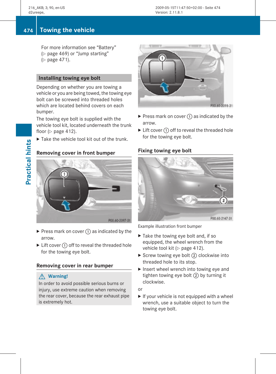 Installing towing eye bolt, Practical hints, Towing the vehicle | Mercedes-Benz CL-Class 2010 Owners Manual User Manual | Page 476 / 500