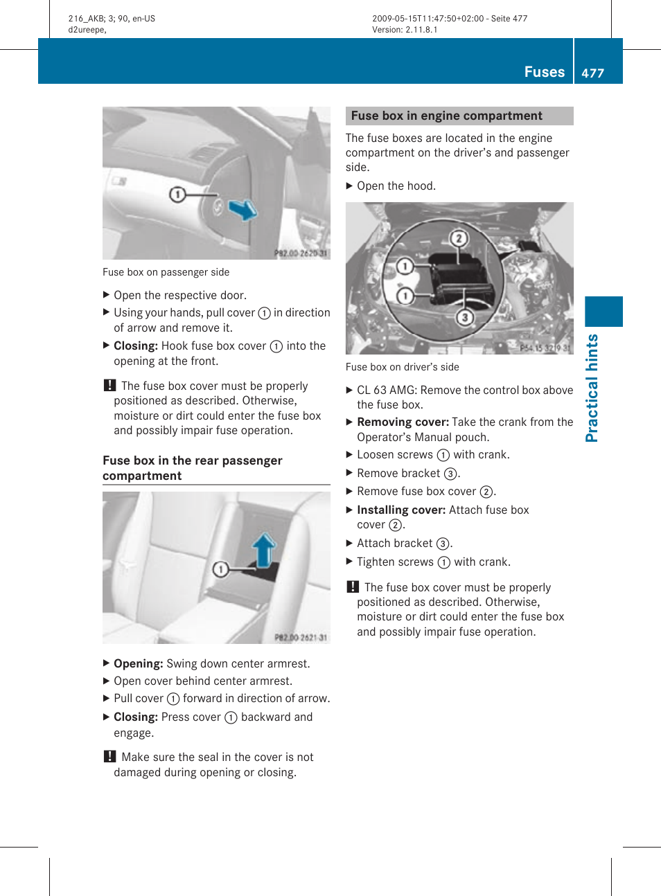 Fuse box in engine compartment, Practical hints, Fuses | Mercedes-Benz CL-Class 2010 Owners Manual User Manual | Page 479 / 500