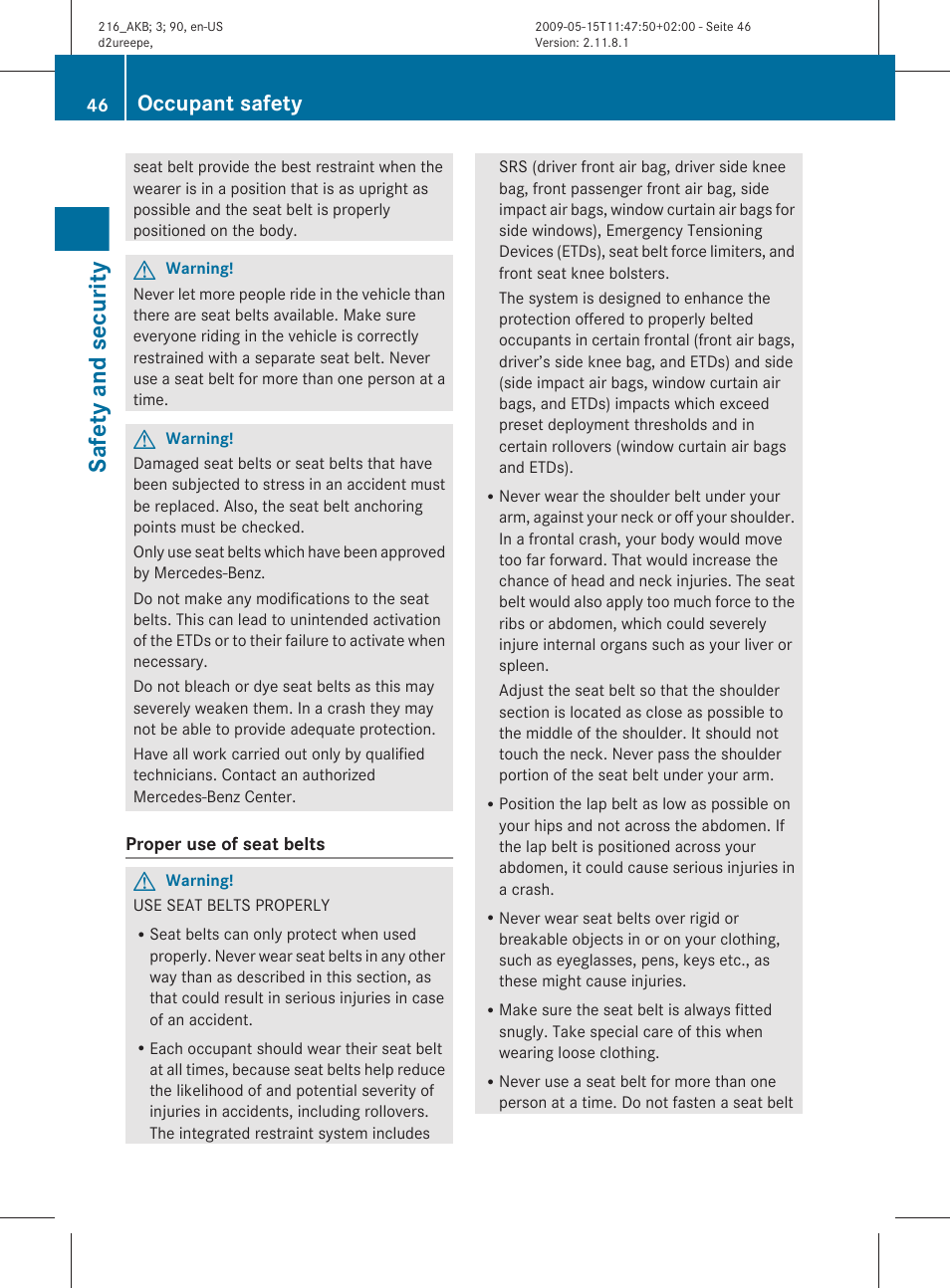 Safety and security, Occupant safety | Mercedes-Benz CL-Class 2010 Owners Manual User Manual | Page 48 / 500