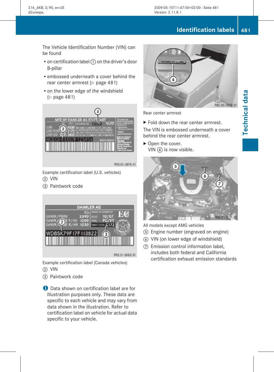 Technical data, Identification labels | Mercedes-Benz CL-Class 2010 Owners Manual User Manual | Page 483 / 500