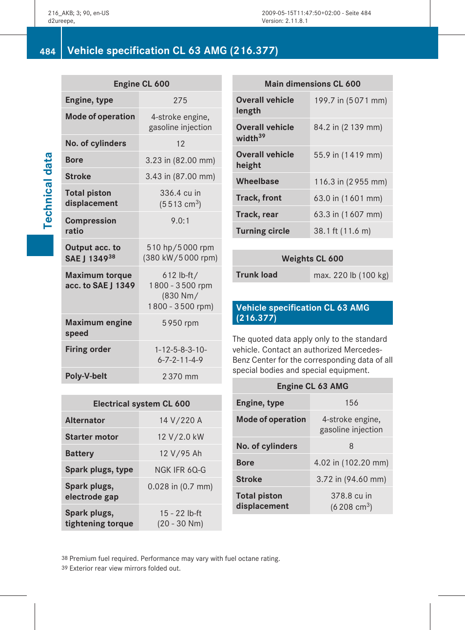 Vehicle specification cl 63 amg (216.377), Technical data | Mercedes-Benz CL-Class 2010 Owners Manual User Manual | Page 486 / 500