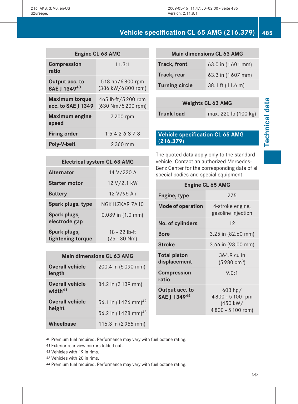 Vehicle specification cl 65 amg (216.379), Technical data | Mercedes-Benz CL-Class 2010 Owners Manual User Manual | Page 487 / 500