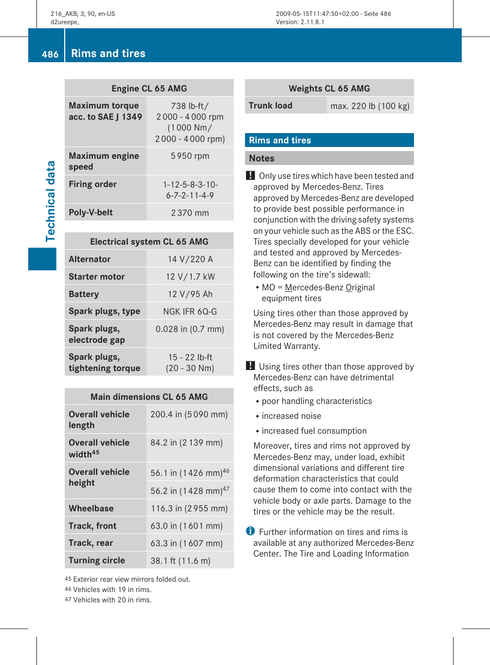 Rims and tires, Notes, Section | Technical data | Mercedes-Benz CL-Class 2010 Owners Manual User Manual | Page 488 / 500