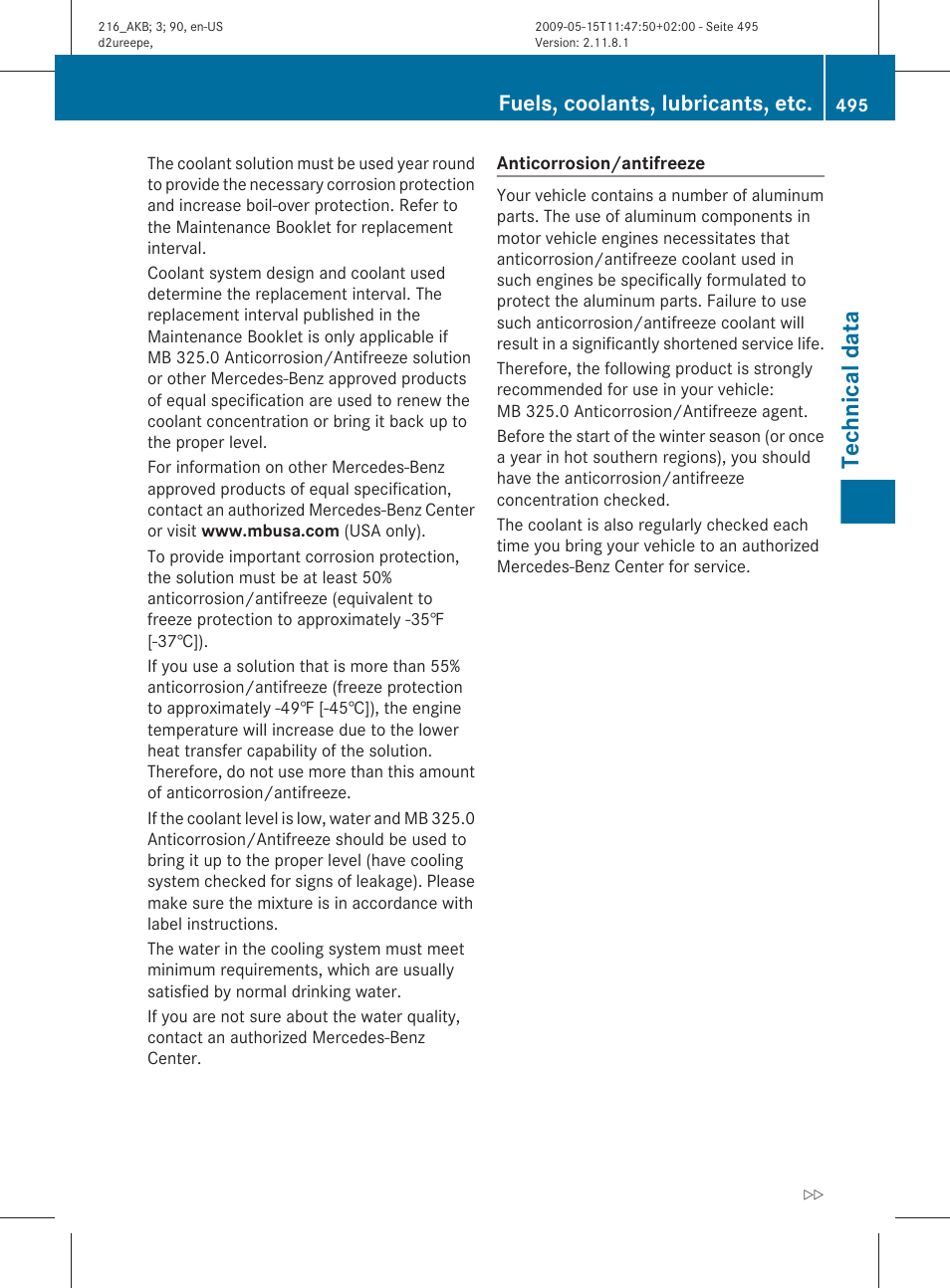 Technical data, Fuels, coolants, lubricants, etc | Mercedes-Benz CL-Class 2010 Owners Manual User Manual | Page 497 / 500