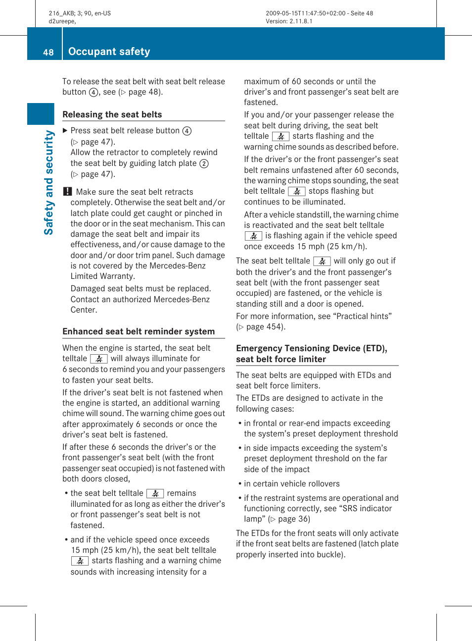 Safety and security, Occupant safety | Mercedes-Benz CL-Class 2010 Owners Manual User Manual | Page 50 / 500