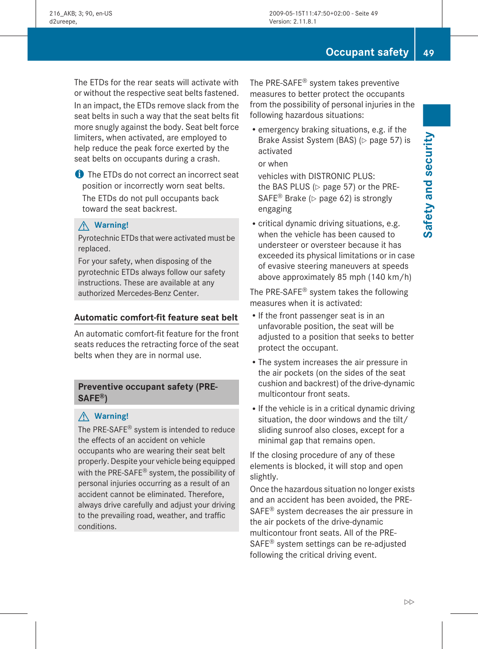 Preventive occupant safety (pre-safe®), Safety and security, Occupant safety | Mercedes-Benz CL-Class 2010 Owners Manual User Manual | Page 51 / 500