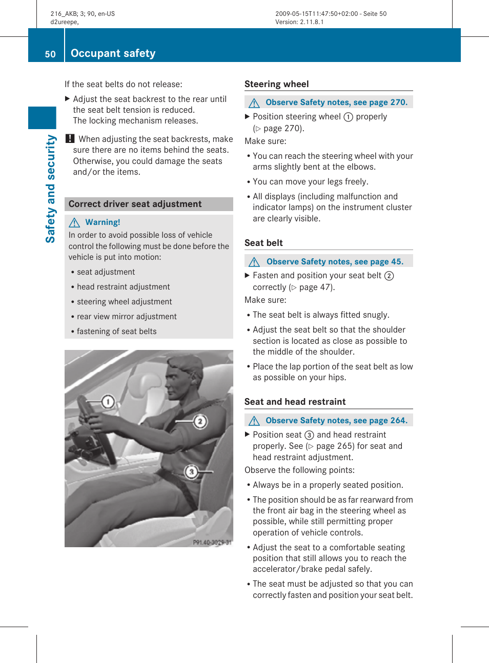 Correct driver seat adjustment, Safety and security, Occupant safety | Mercedes-Benz CL-Class 2010 Owners Manual User Manual | Page 52 / 500