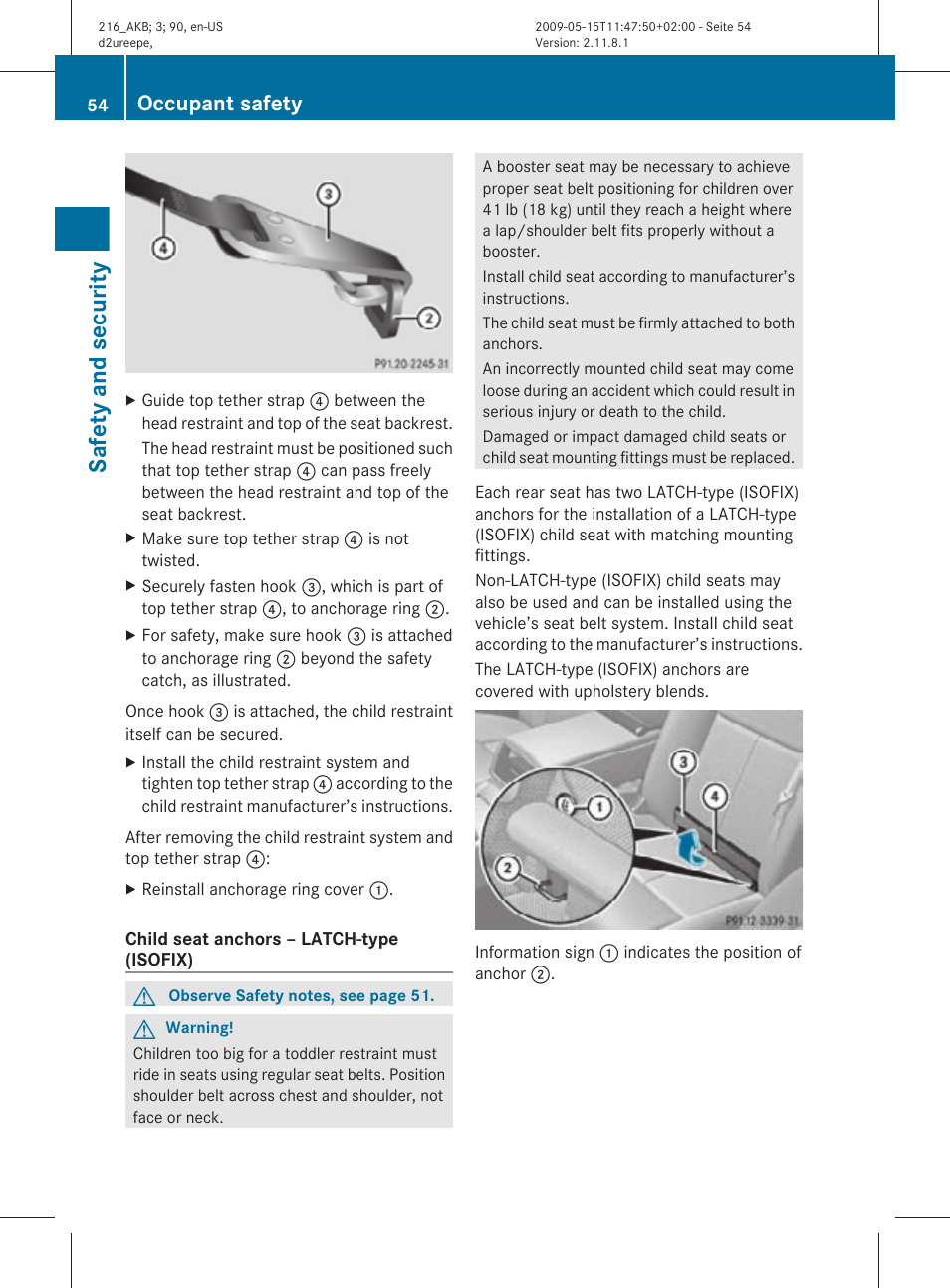 Child seat anchors, Safety and security, Occupant safety | Mercedes-Benz CL-Class 2010 Owners Manual User Manual | Page 56 / 500