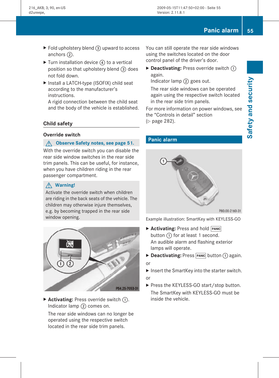 Panic alarm, Safety and security | Mercedes-Benz CL-Class 2010 Owners Manual User Manual | Page 57 / 500