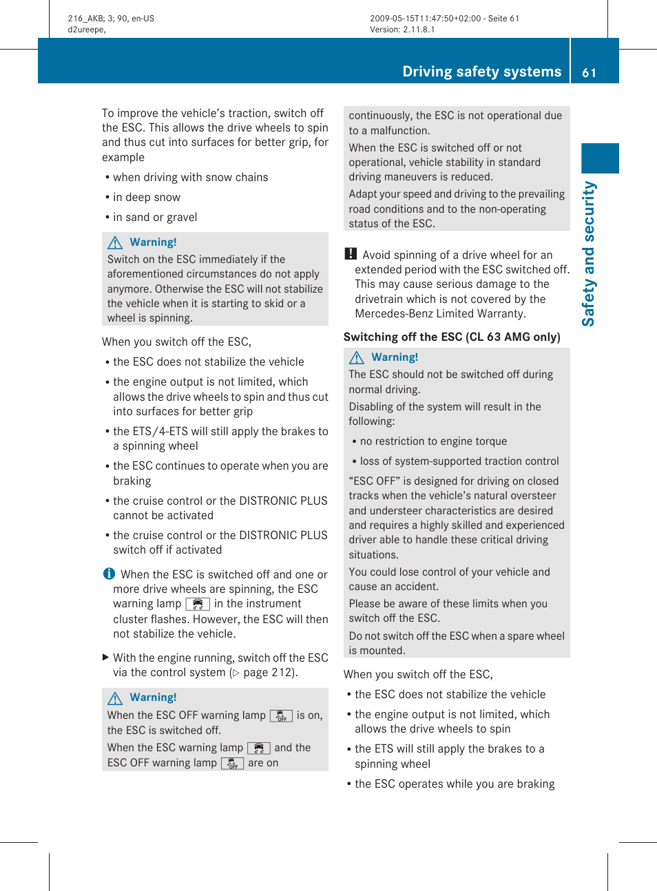 Safety and security, Driving safety systems | Mercedes-Benz CL-Class 2010 Owners Manual User Manual | Page 63 / 500