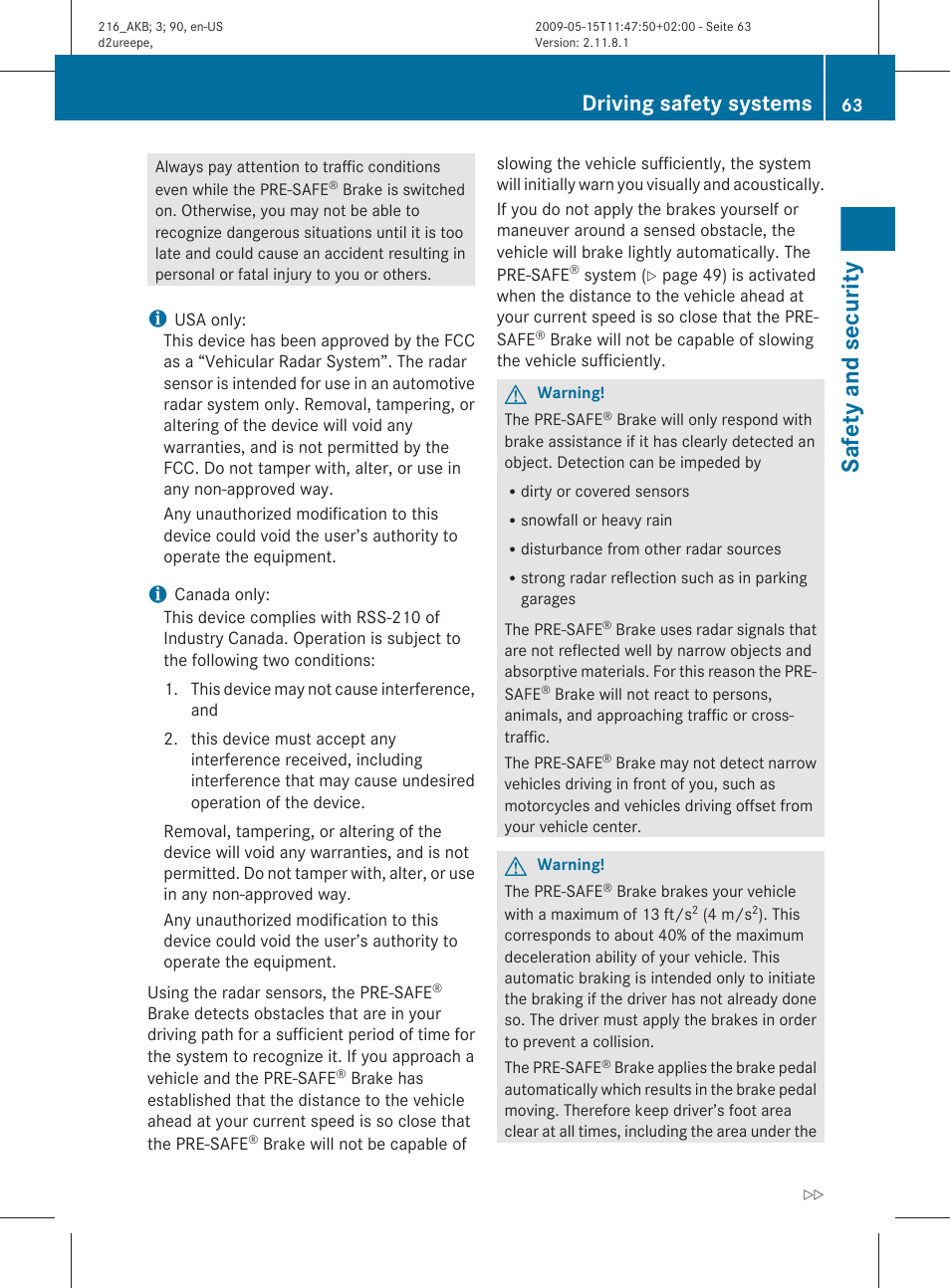 Safety and security, Driving safety systems | Mercedes-Benz CL-Class 2010 Owners Manual User Manual | Page 65 / 500
