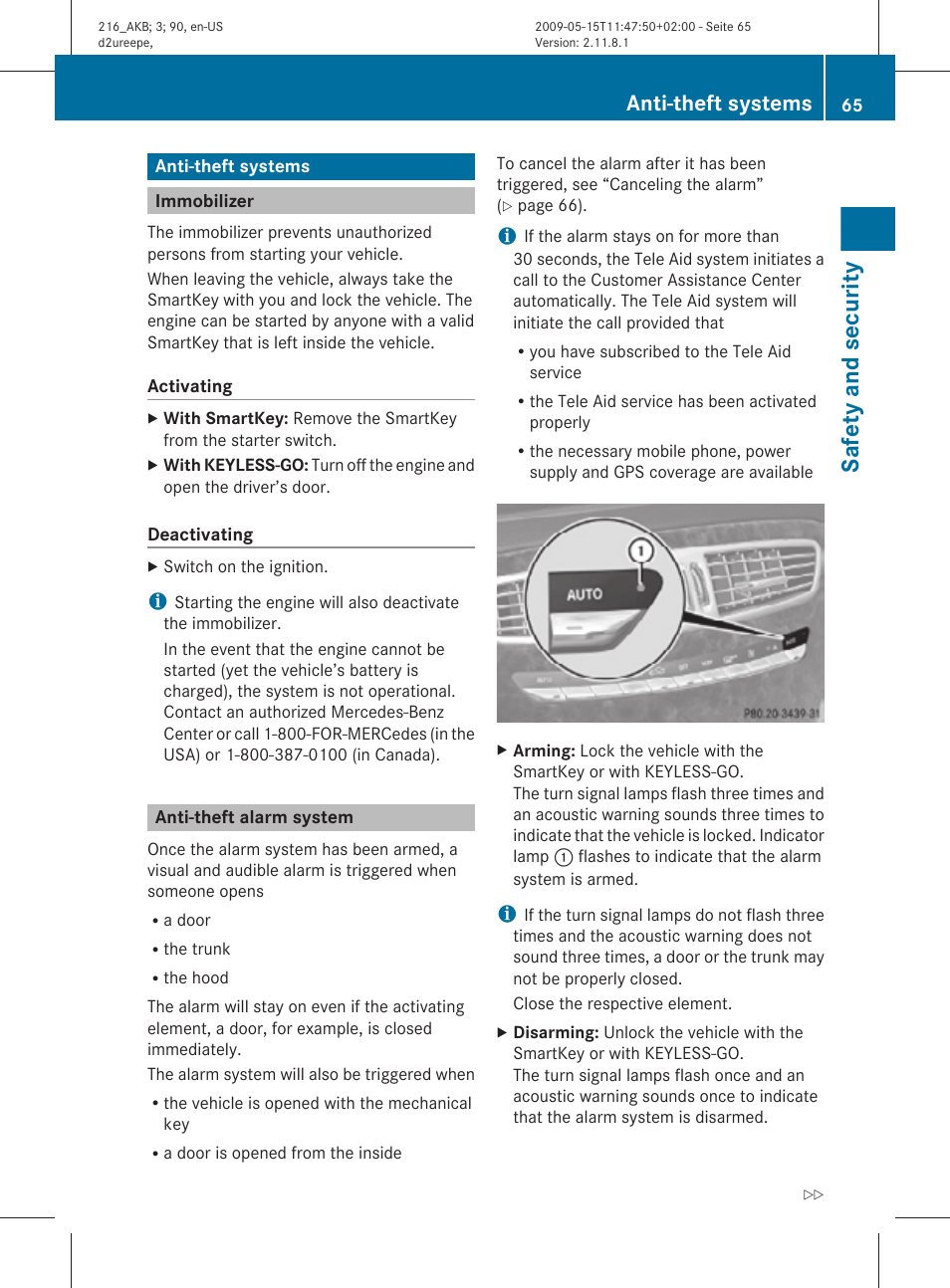 Anti-theft systems, Immobilizer, Anti-theft alarm system | Safety and security | Mercedes-Benz CL-Class 2010 Owners Manual User Manual | Page 67 / 500