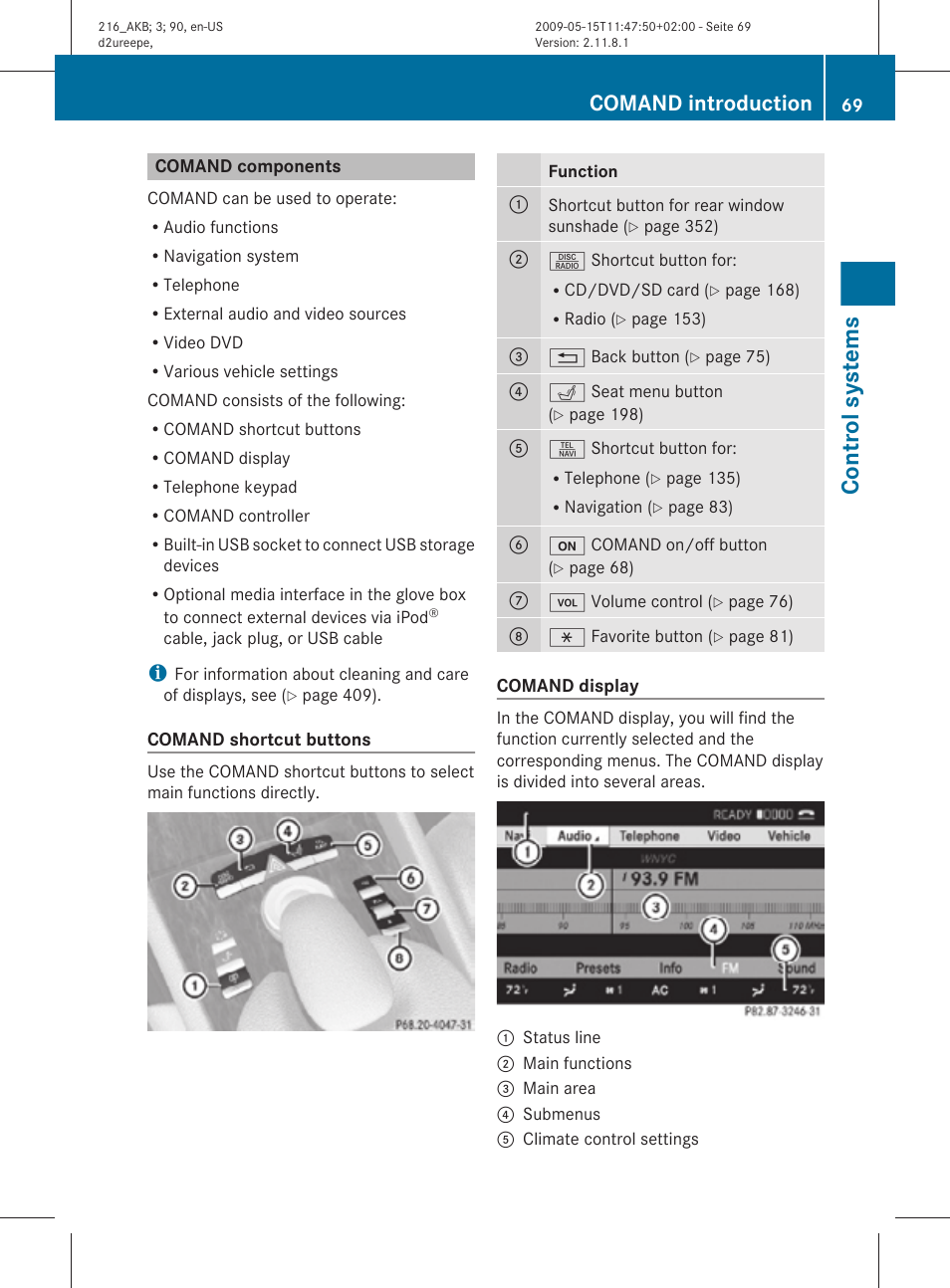 Comand components, Control systems, Comand introduction | Mercedes-Benz CL-Class 2010 Owners Manual User Manual | Page 71 / 500
