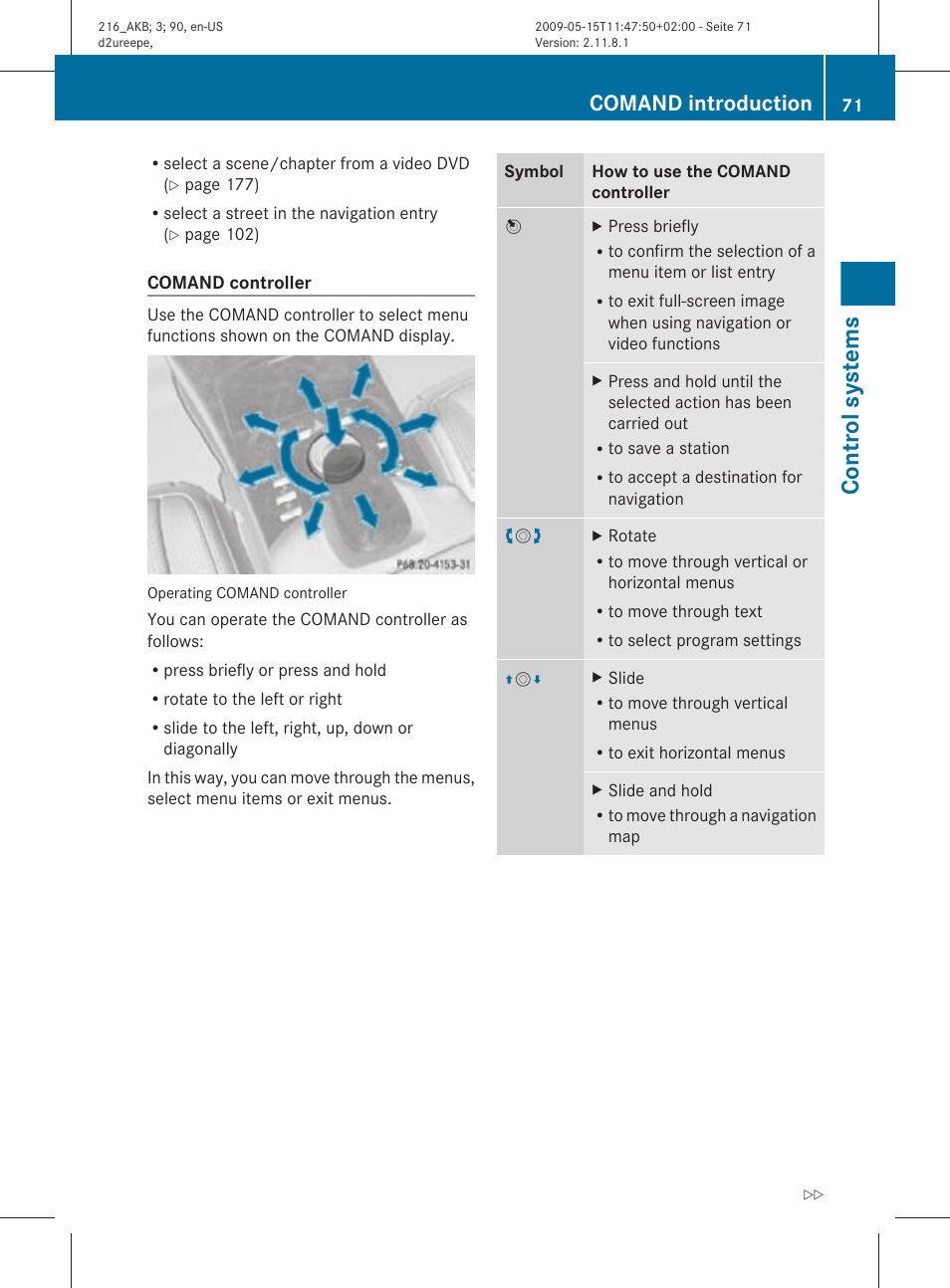 Control systems, Comand introduction | Mercedes-Benz CL-Class 2010 Owners Manual User Manual | Page 73 / 500