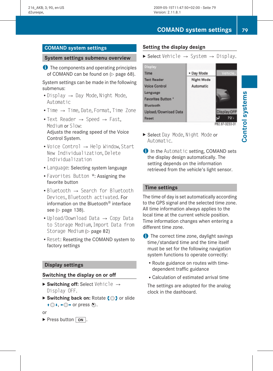 Comand system settings, System settings submenu overview, Display settings | Time settings, Control systems | Mercedes-Benz CL-Class 2010 Owners Manual User Manual | Page 81 / 500