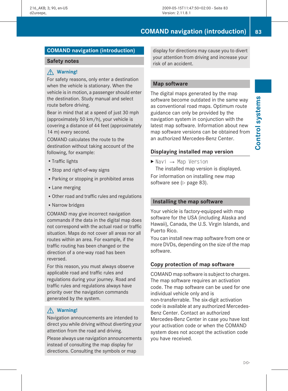 Comand navigation (introduction), Safety notes, Map software | Installing the map software, Navigation, Control systems | Mercedes-Benz CL-Class 2010 Owners Manual User Manual | Page 85 / 500