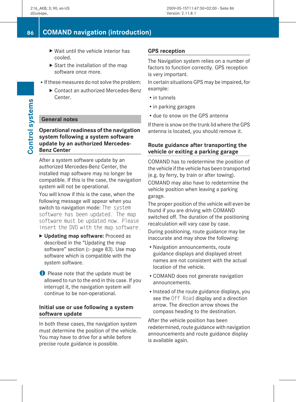 General notes, Control systems, Comand navigation (introduction) | Mercedes-Benz CL-Class 2010 Owners Manual User Manual | Page 88 / 500