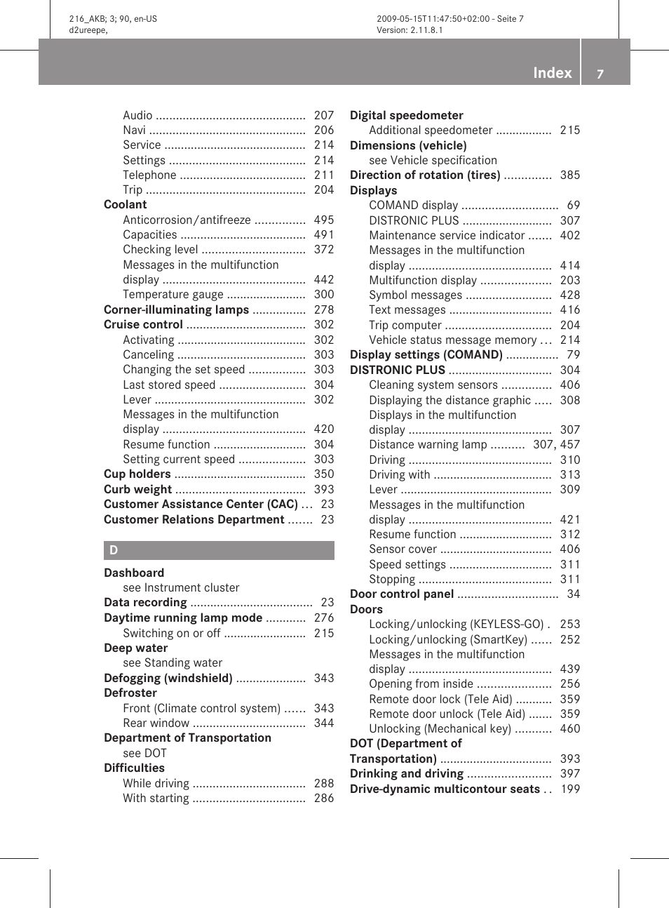 Index | Mercedes-Benz CL-Class 2010 Owners Manual User Manual | Page 9 / 500