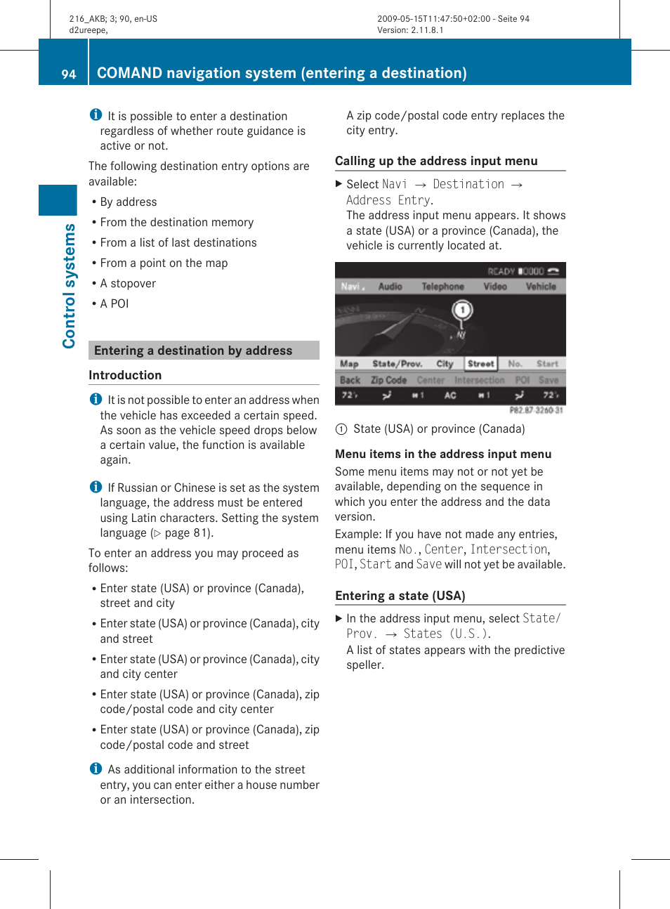 Entering a destination by address, Control systems, Comand navigation system (entering a destination) | Mercedes-Benz CL-Class 2010 Owners Manual User Manual | Page 96 / 500