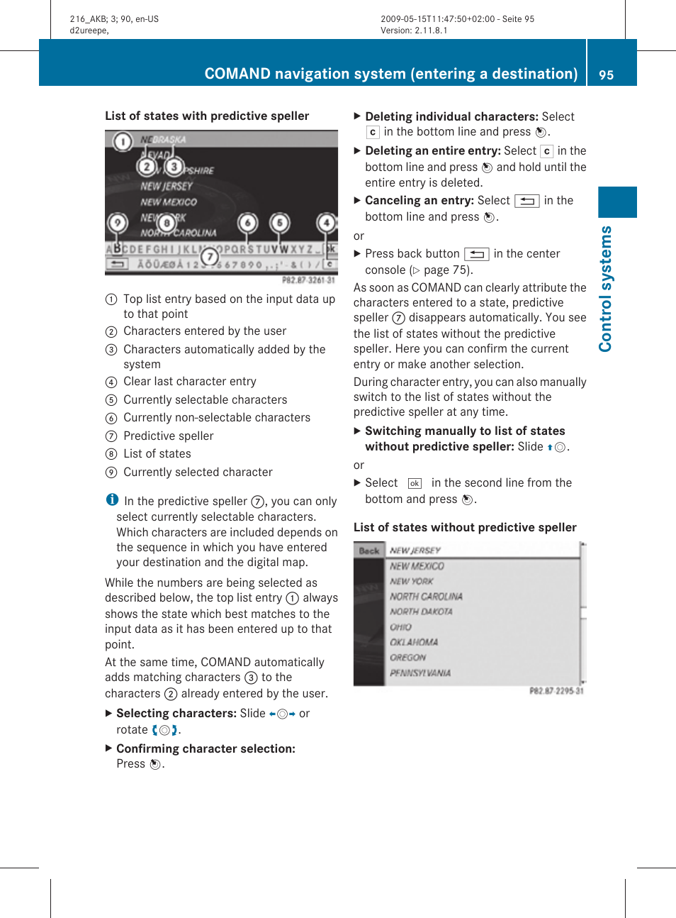 Control systems, Comand navigation system (entering a destination) | Mercedes-Benz CL-Class 2010 Owners Manual User Manual | Page 97 / 500