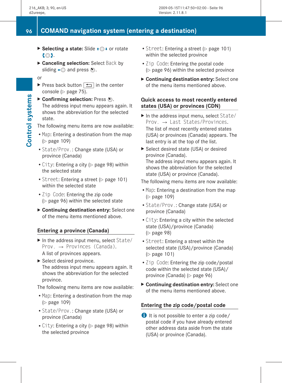 Control systems, Comand navigation system (entering a destination) | Mercedes-Benz CL-Class 2010 Owners Manual User Manual | Page 98 / 500