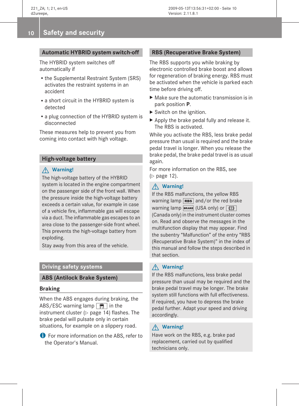 Automatic hybrid system switch-off, High-voltage battery, Driving safety systems | Abs (antilock brake system), Rbs (recuperative brake system), Safety and security | Mercedes-Benz S-Class Hybrid 2010 User Manual | Page 12 / 40