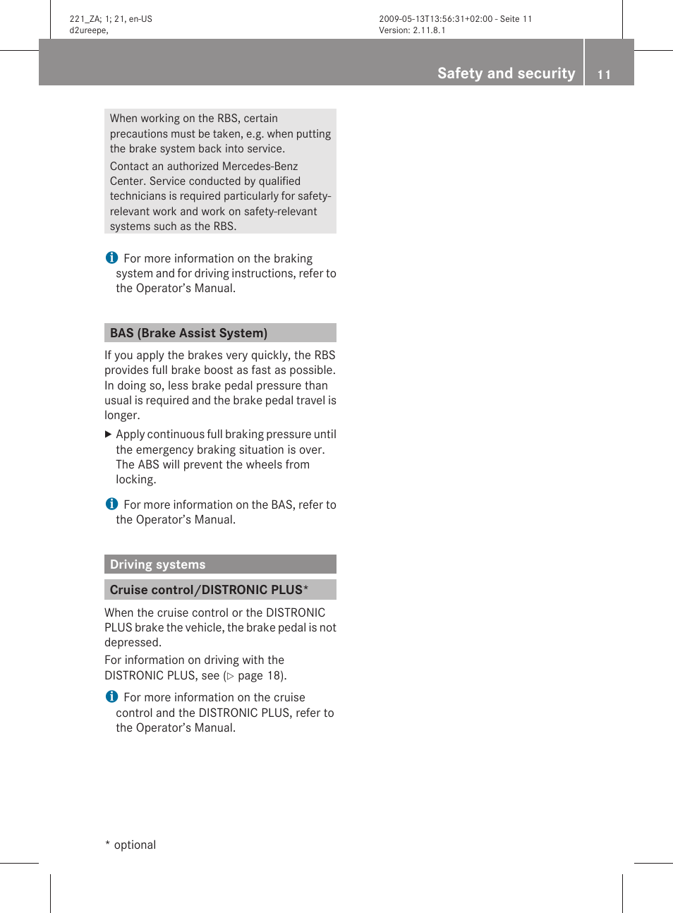 Bas (brake assist system), Driving systems, Cruise control/distronic plus | Safety and security | Mercedes-Benz S-Class Hybrid 2010 User Manual | Page 13 / 40