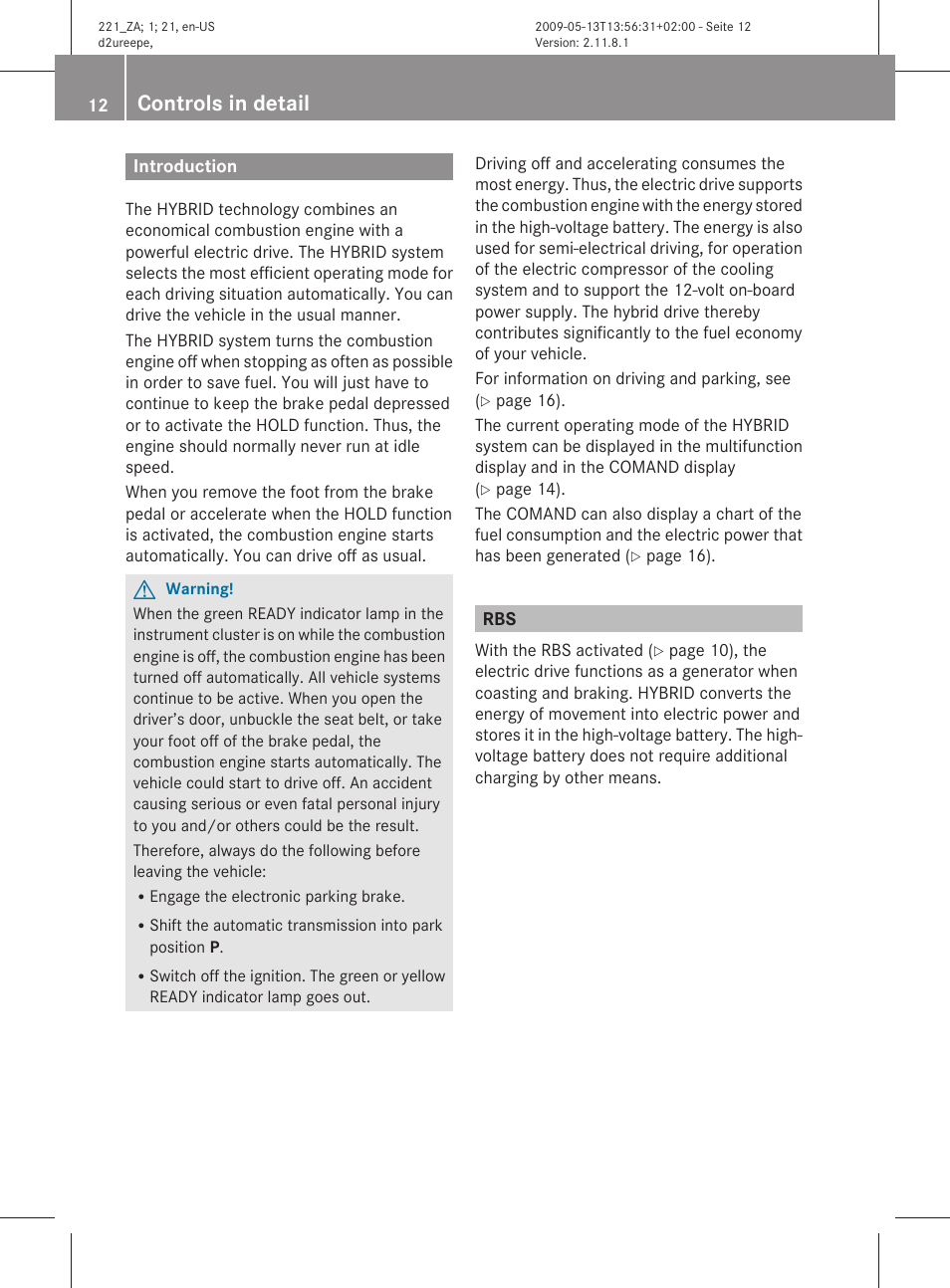 Controls in detail, Introduction | Mercedes-Benz S-Class Hybrid 2010 User Manual | Page 14 / 40