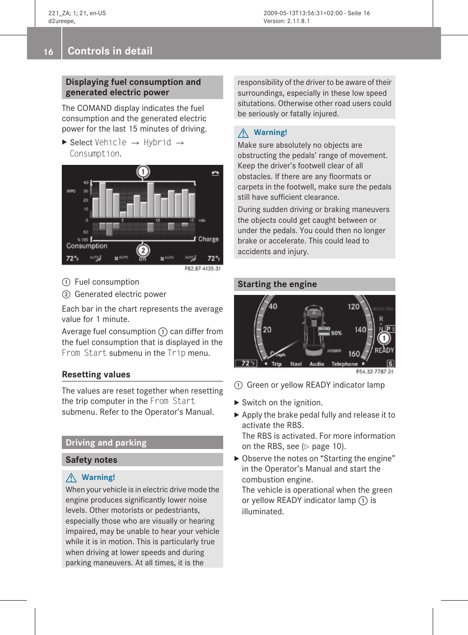 Driving and parking, Safety notes, Starting the engine | Has been generated, Controls in detail | Mercedes-Benz S-Class Hybrid 2010 User Manual | Page 18 / 40