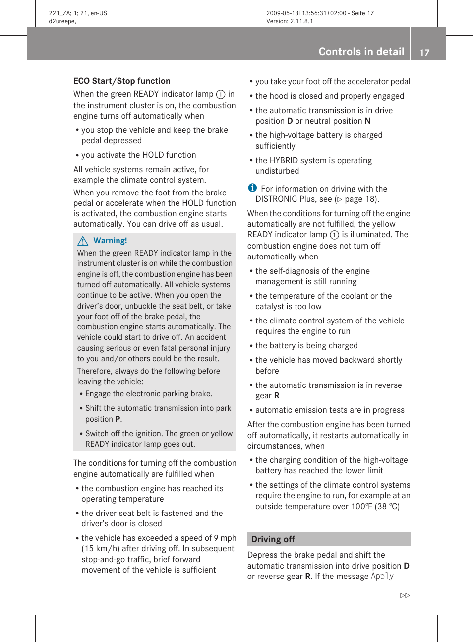 Driving off, Controls in detail | Mercedes-Benz S-Class Hybrid 2010 User Manual | Page 19 / 40