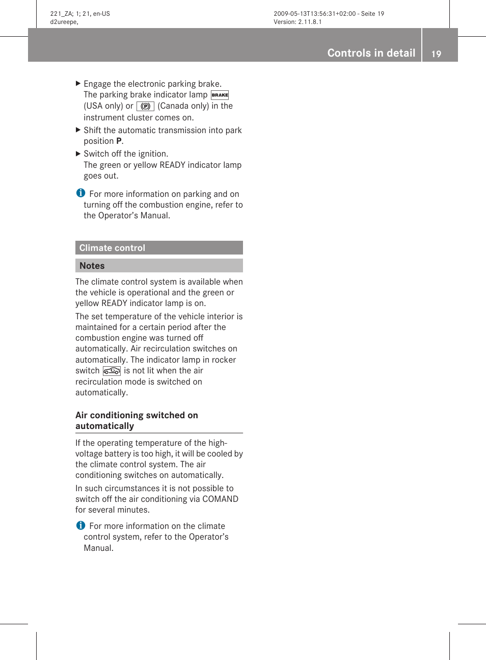 Climate control, Notes, Controls in detail | Mercedes-Benz S-Class Hybrid 2010 User Manual | Page 21 / 40