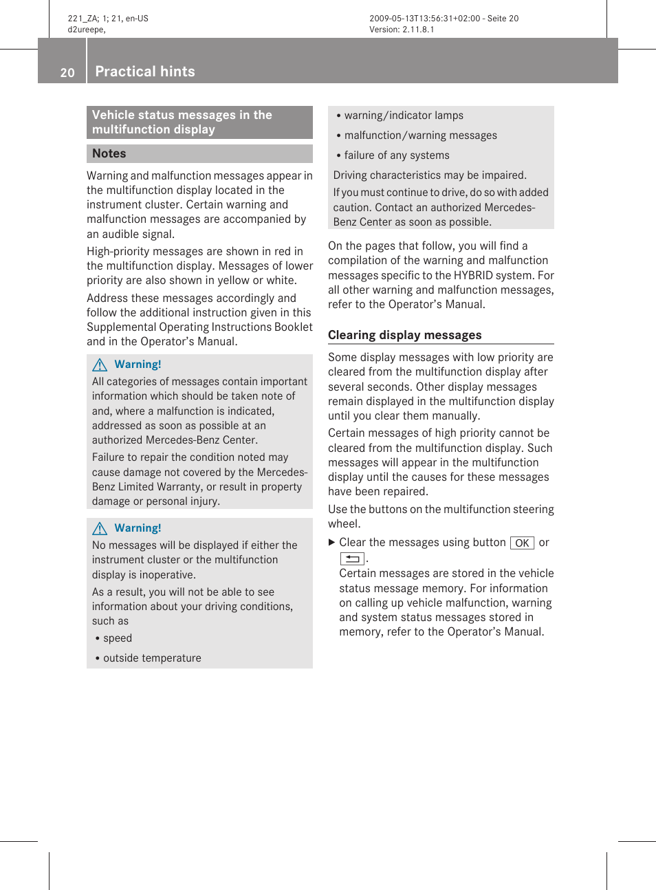 Practical hints, Notes | Mercedes-Benz S-Class Hybrid 2010 User Manual | Page 22 / 40