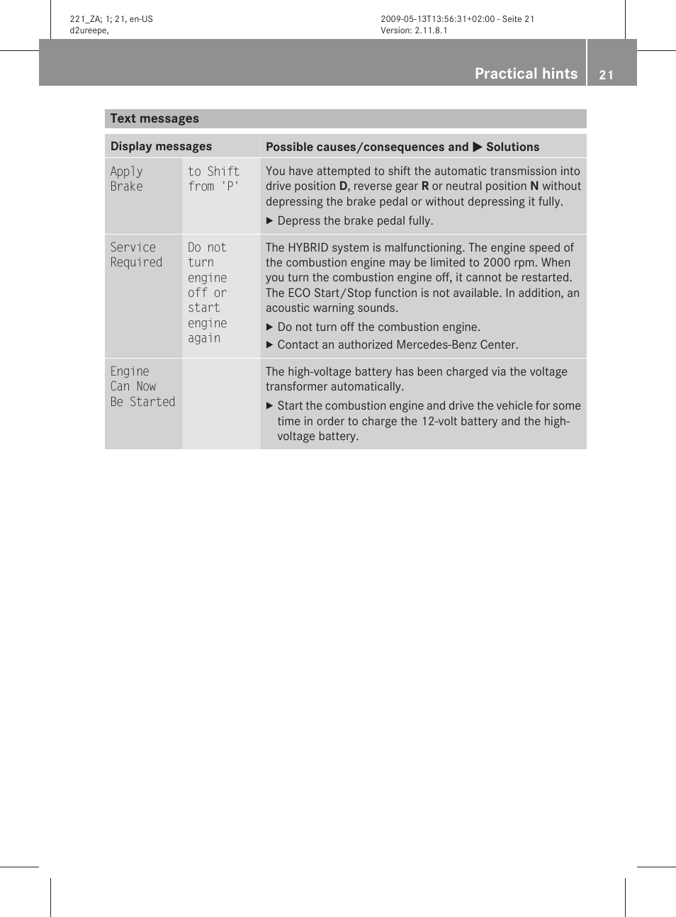 Text messages, Practical hints | Mercedes-Benz S-Class Hybrid 2010 User Manual | Page 23 / 40