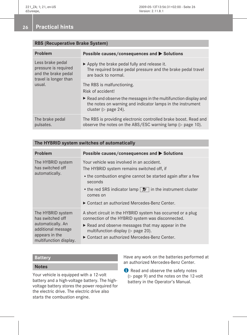 Rbs (recuperative brake system), The hybrid system switches of automatically, Battery | Notes, Practical hints | Mercedes-Benz S-Class Hybrid 2010 User Manual | Page 28 / 40
