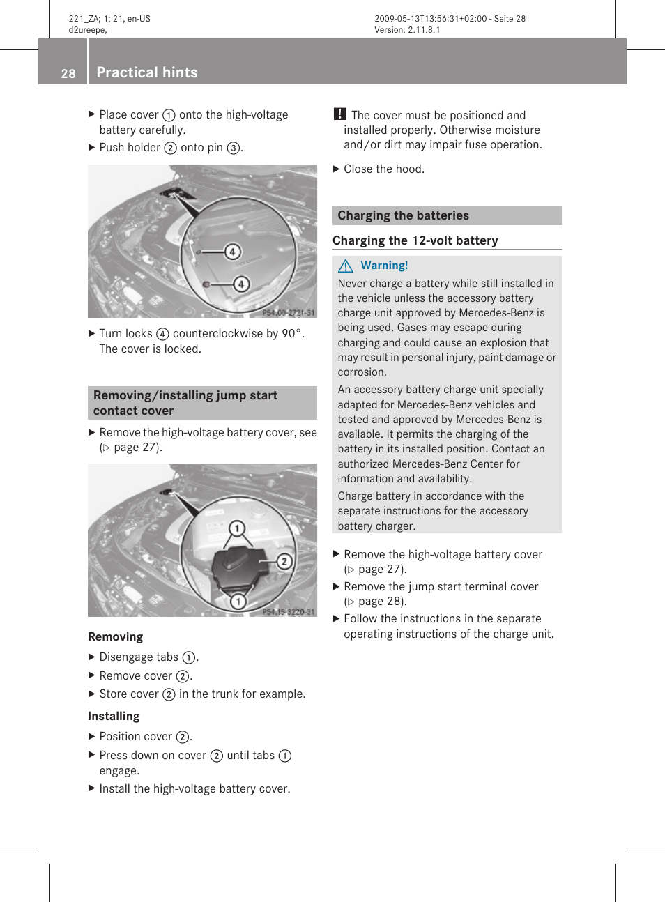 Removing/installing jump start contact cover, Charging the batteries, Charge the 12-volt battery | Practical hints | Mercedes-Benz S-Class Hybrid 2010 User Manual | Page 30 / 40