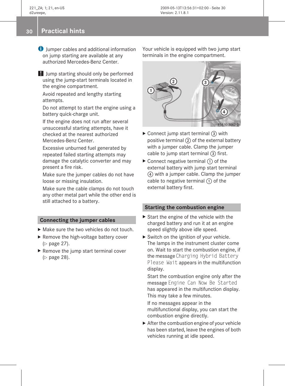 Connecting the jumper cables, Starting the combustion engine, Practical hints | Mercedes-Benz S-Class Hybrid 2010 User Manual | Page 32 / 40