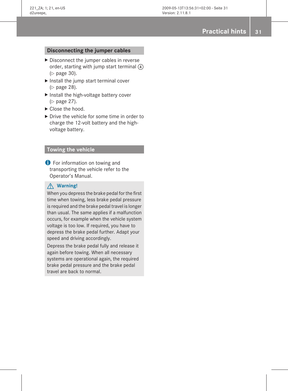 Disconnecting the jumper cables, Towing the vehicle, Practical hints | Mercedes-Benz S-Class Hybrid 2010 User Manual | Page 33 / 40