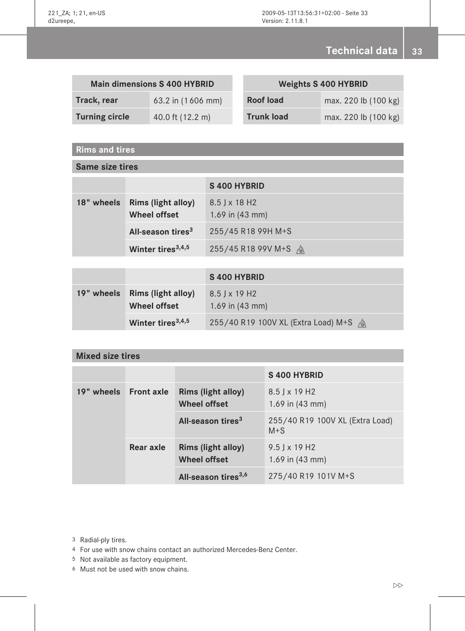 Rims and tires, Same size tires, Mixed size tires | Technical data | Mercedes-Benz S-Class Hybrid 2010 User Manual | Page 35 / 40