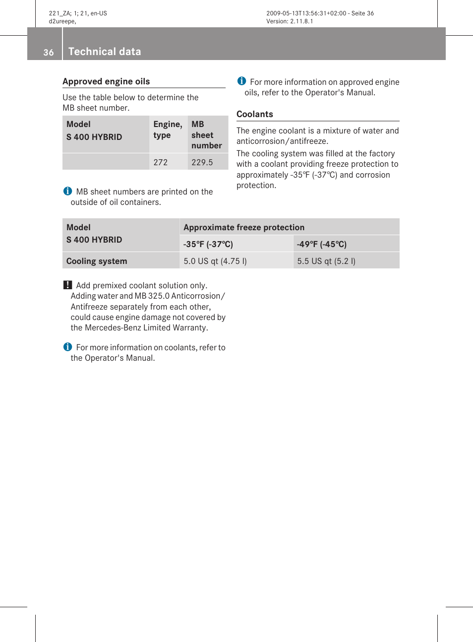 Technical data | Mercedes-Benz S-Class Hybrid 2010 User Manual | Page 38 / 40