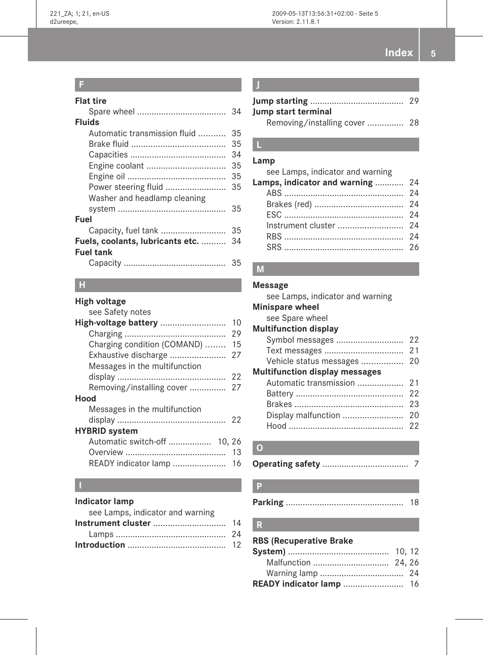 Index | Mercedes-Benz S-Class Hybrid 2010 User Manual | Page 7 / 40