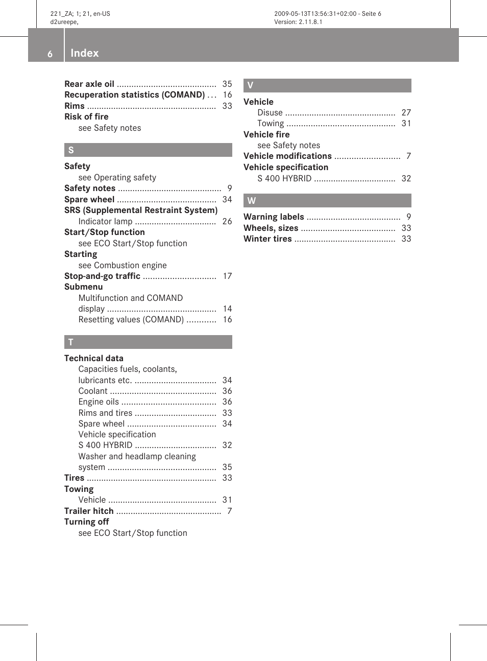 Index | Mercedes-Benz S-Class Hybrid 2010 User Manual | Page 8 / 40