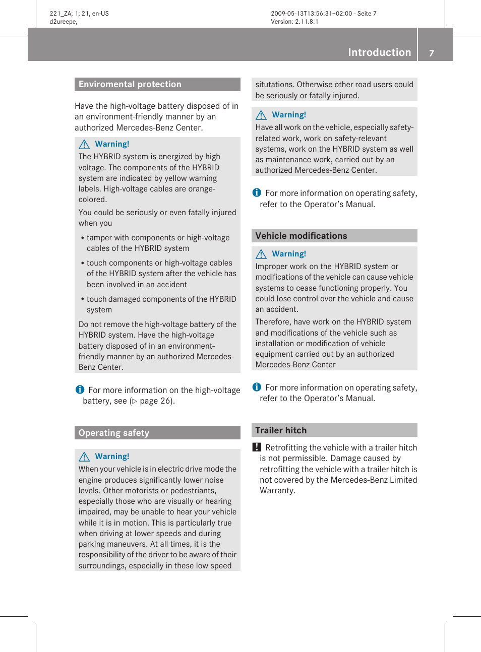 Introduction, Enviromental protection, Operating safety | Vehicle modifications, Trailer hitch | Mercedes-Benz S-Class Hybrid 2010 User Manual | Page 9 / 40