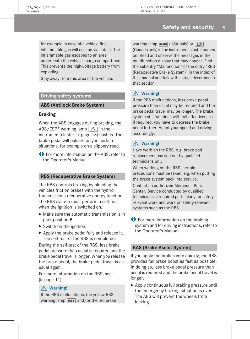 Driving safety systems, Abs (antilock brake system), Rbs (recuperative brake system) | Bas (brake assist system), Safety and security | Mercedes-Benz M-Class Hybrid 2010 Owners Manual User Manual | Page 11 / 44