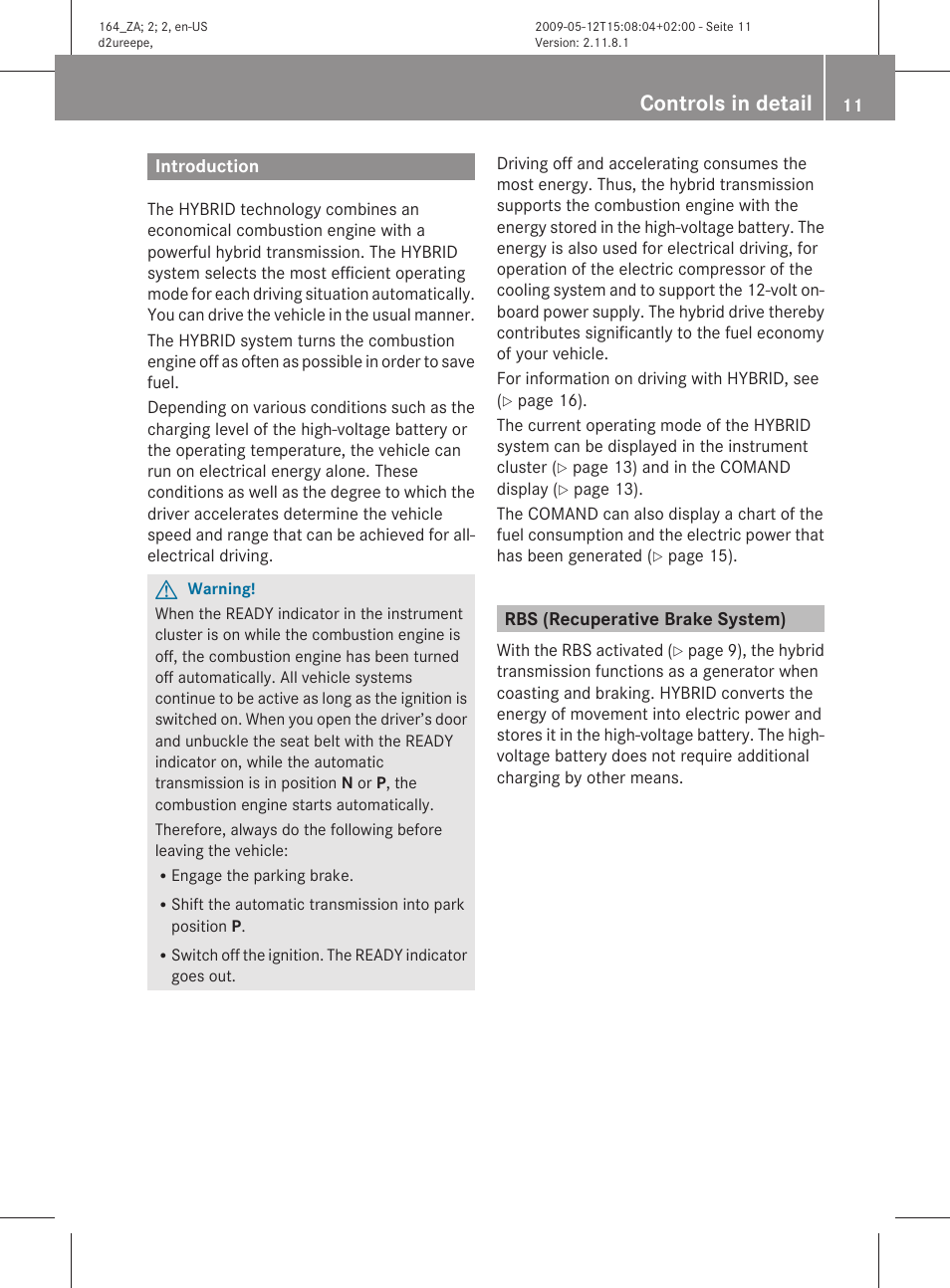 Controls in detail, Introduction, Rbs (recuperative brake system) | Mercedes-Benz M-Class Hybrid 2010 Owners Manual User Manual | Page 13 / 44