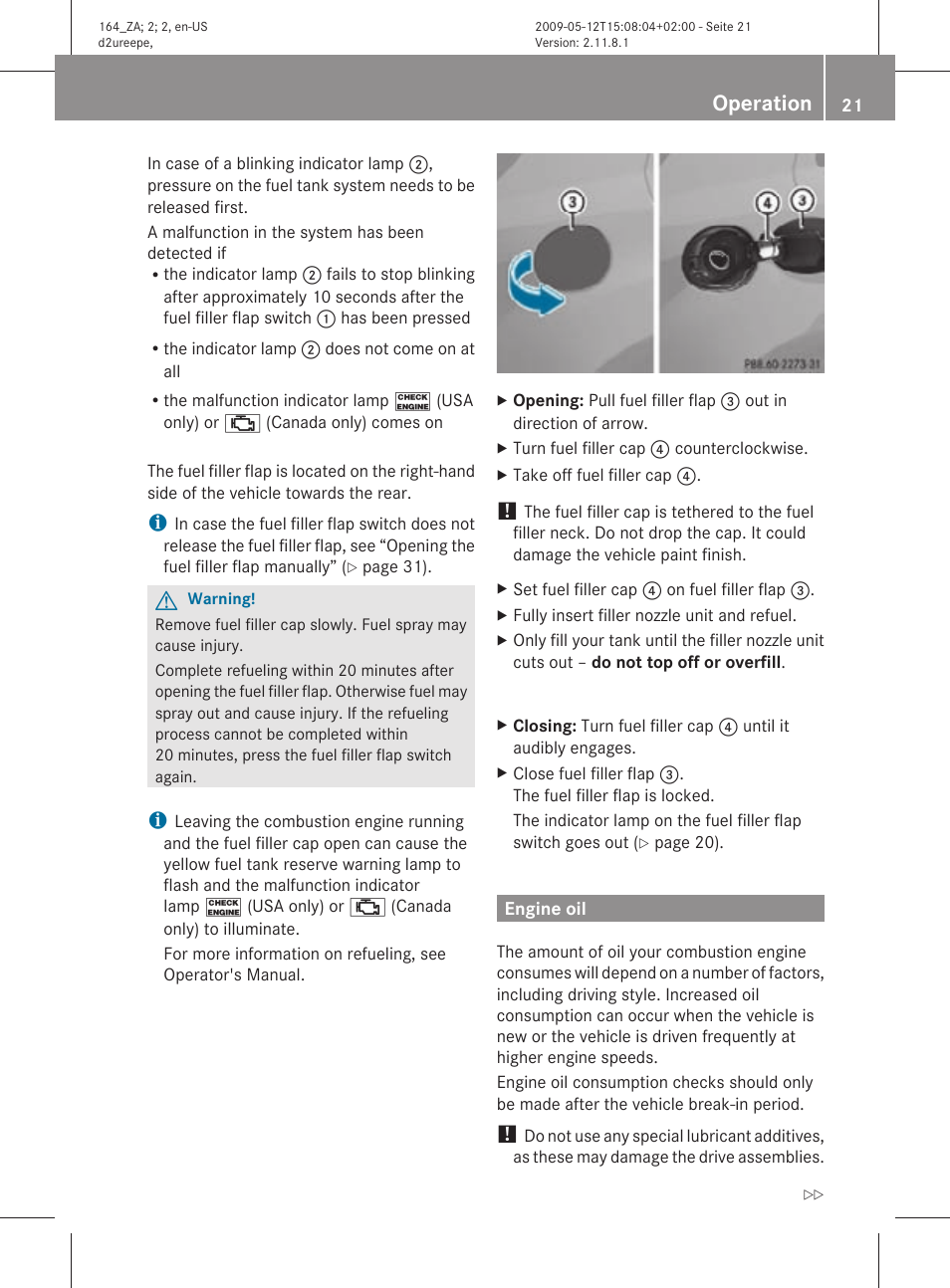 Engine oil, Operation | Mercedes-Benz M-Class Hybrid 2010 Owners Manual User Manual | Page 23 / 44