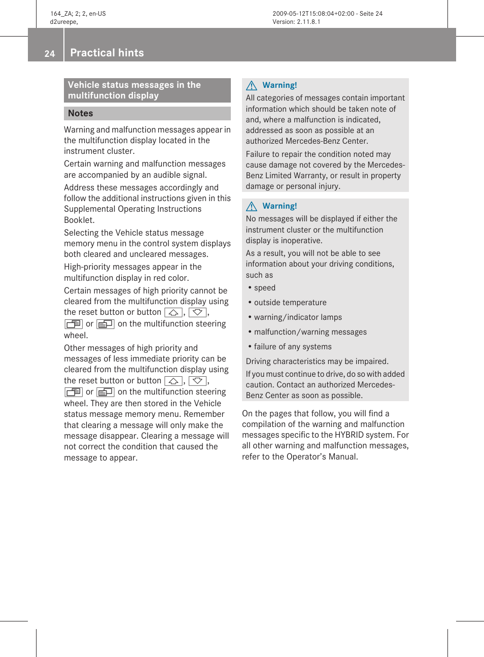 Practical hints, Notes | Mercedes-Benz M-Class Hybrid 2010 Owners Manual User Manual | Page 26 / 44