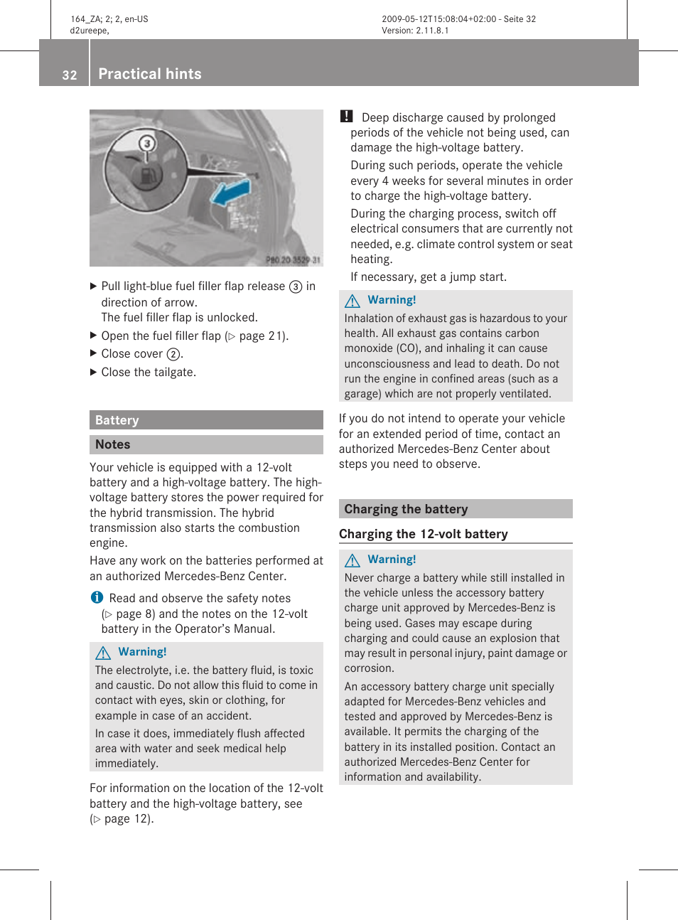 Battery, Notes, Charging the battery | Charge the 12-volt battery, Practical hints | Mercedes-Benz M-Class Hybrid 2010 Owners Manual User Manual | Page 34 / 44