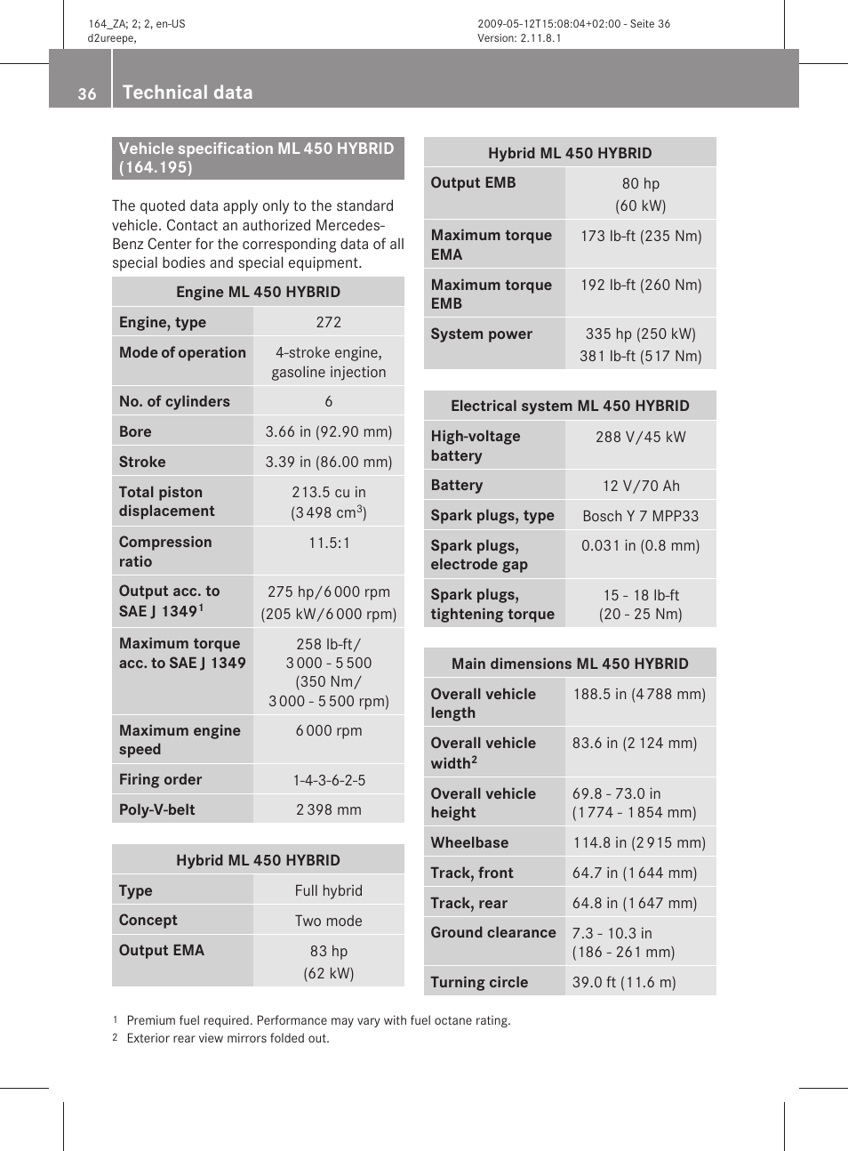 Technical data, Vehicle specification ml 450 hybrid (164.195) | Mercedes-Benz M-Class Hybrid 2010 Owners Manual User Manual | Page 38 / 44