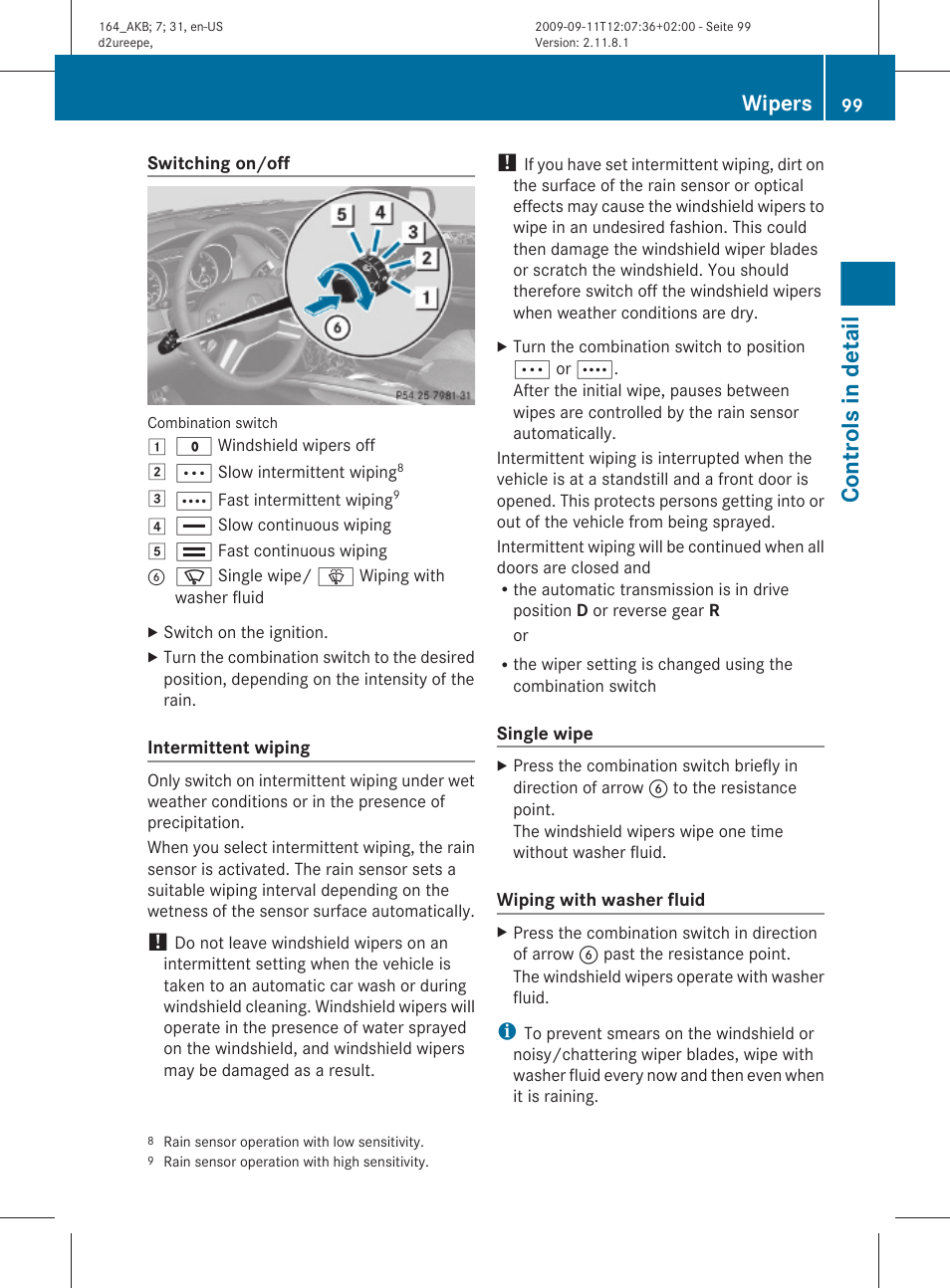 Controls in detail, Wipers | Mercedes-Benz M-Class 2010 Owners Manual User Manual | Page 101 / 368