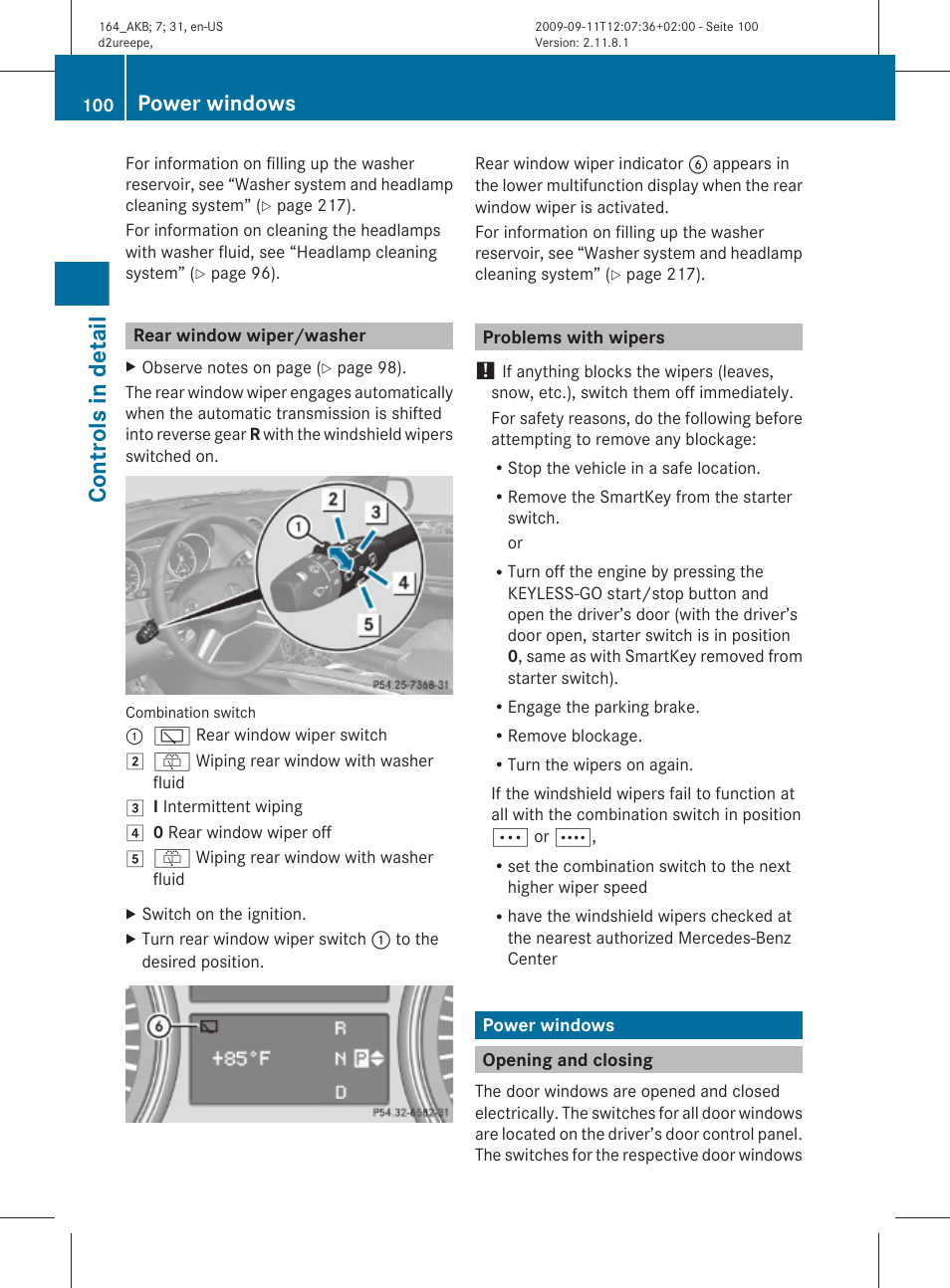 Rear window wiper/washer, Problems with wipers, Power windows | Opening and closing, Controls in detail | Mercedes-Benz M-Class 2010 Owners Manual User Manual | Page 102 / 368